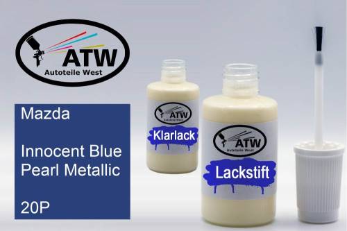 Mazda, Innocent Blue Pearl Metallic, 20P: 20ml Lackstift + 20ml Klarlack - Set, von ATW Autoteile West.